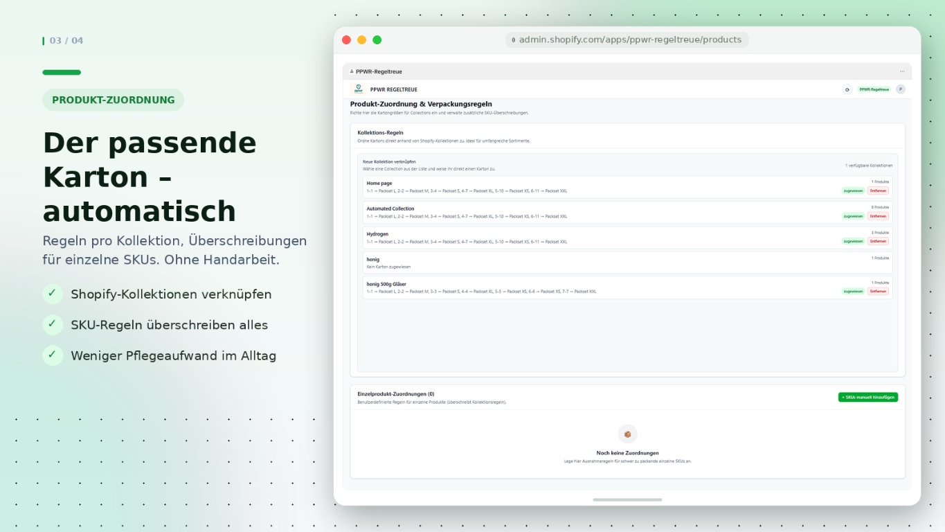 Produkt-Zuordnung und Verpackungsregeln der PPWR-Regeltreue App im Shopify-Admin