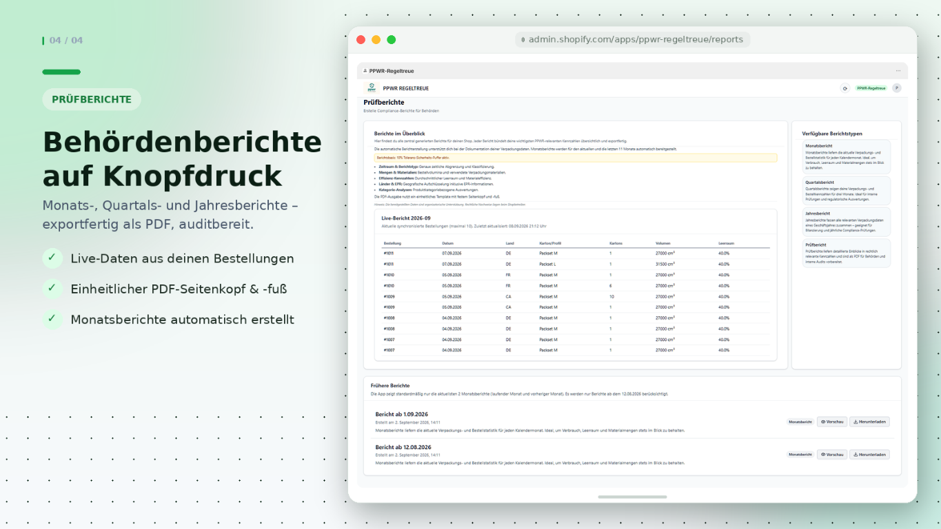 Prüfberichte der PPWR-Regeltreue App mit exportierbaren Monats-, Quartals- und Jahresberichten